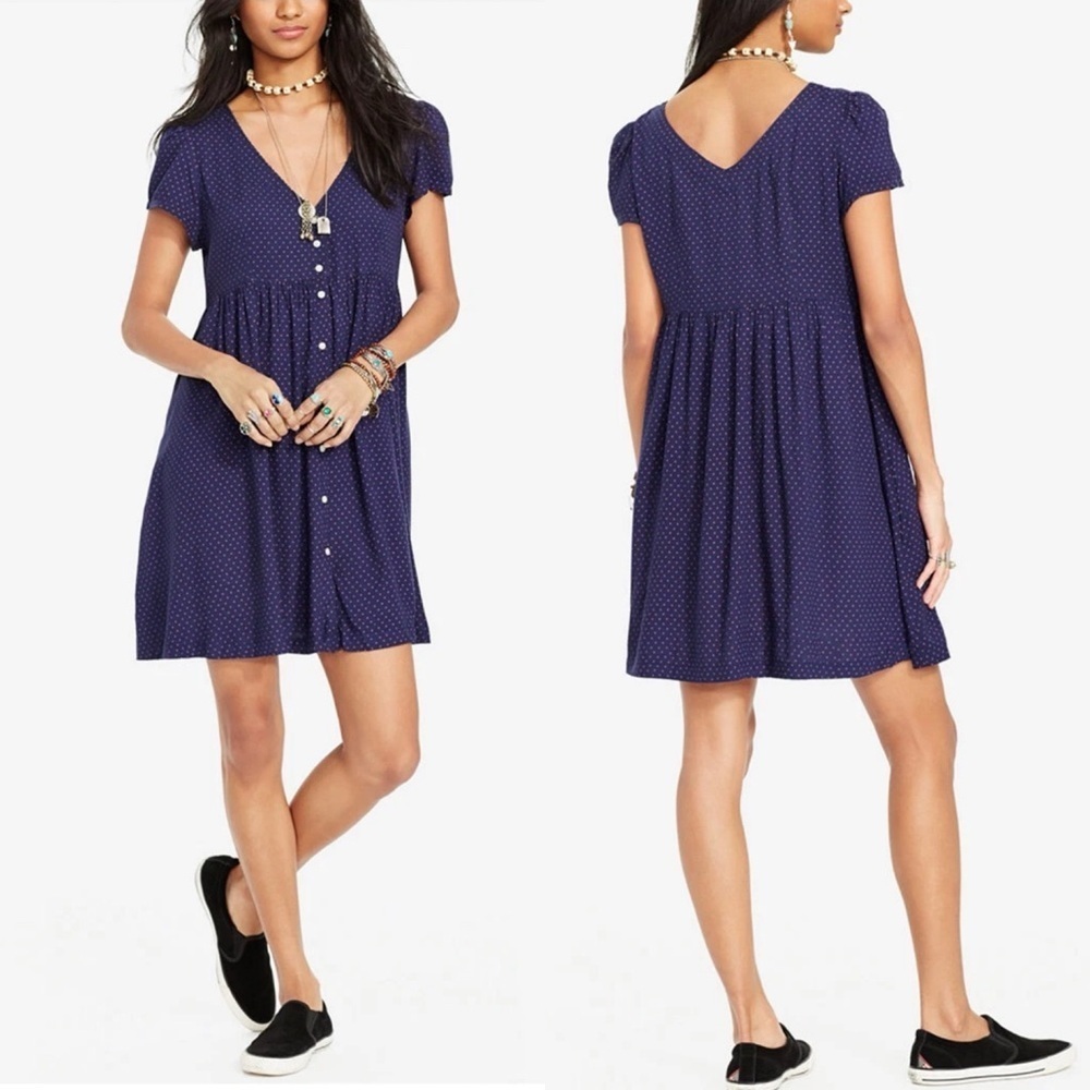 Denim & Supply Ralph Lauren Micro Star Print Navy Babydoll Button Front Dress
